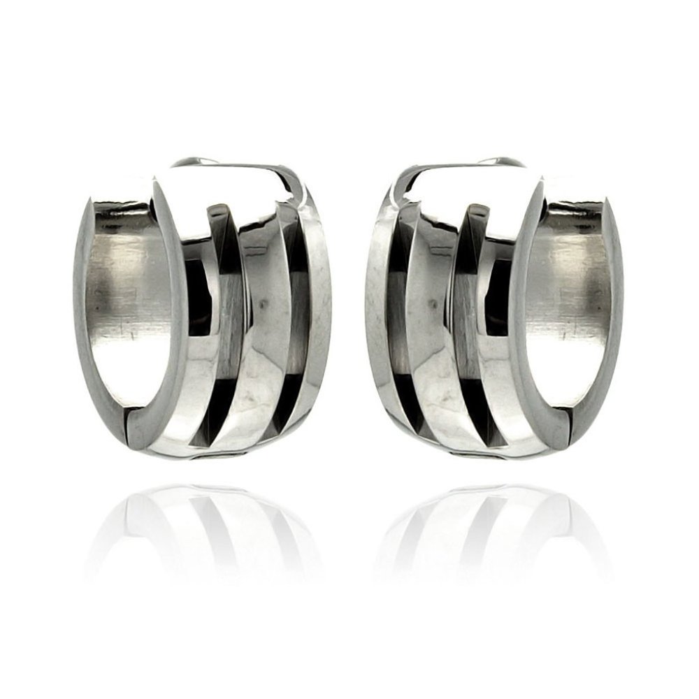 Stainless Steel Rhodium Plated Double Line Hoop Huggies Earrings